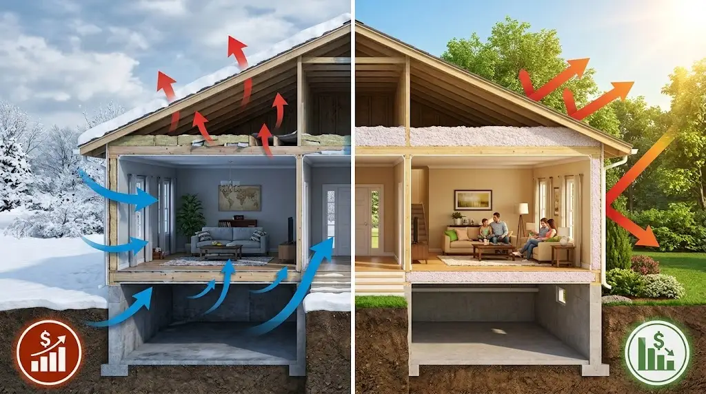 split screen illustration of energy loss and energy savings